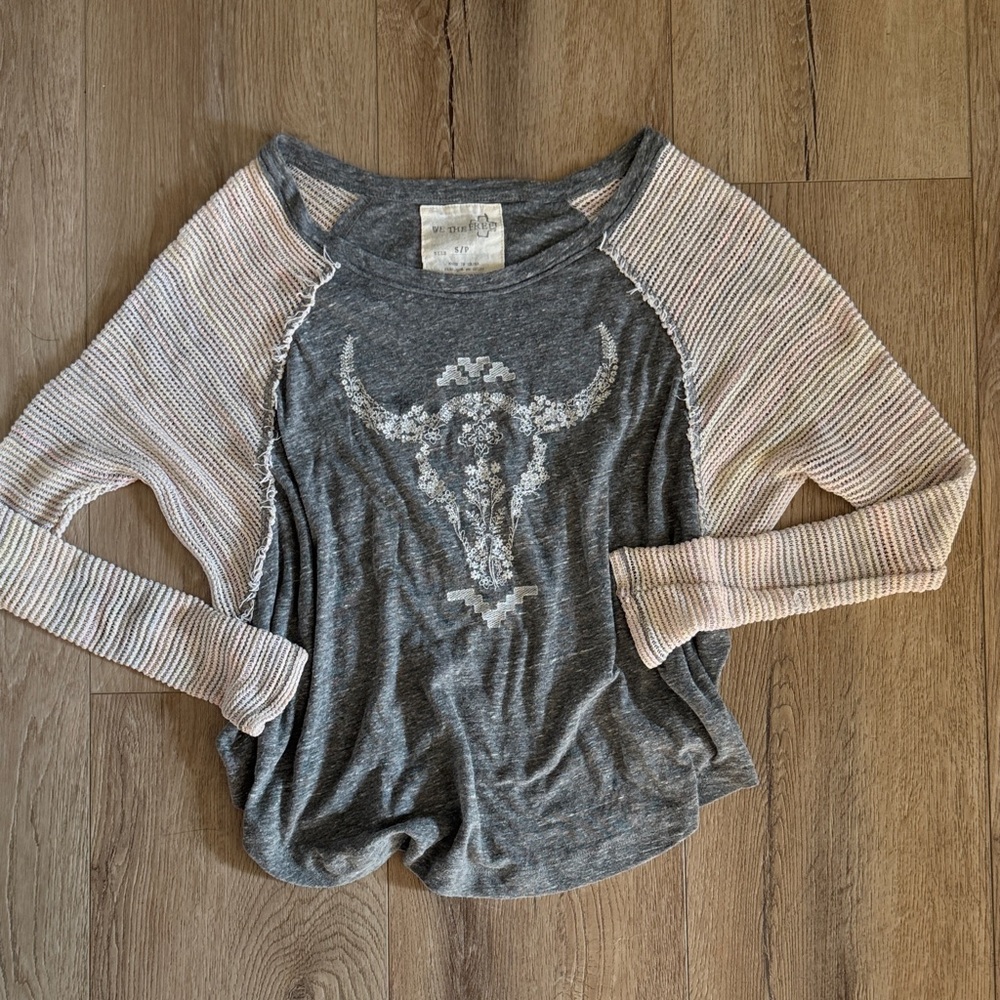 We The Free Gray and Cream Long Sleeve Top